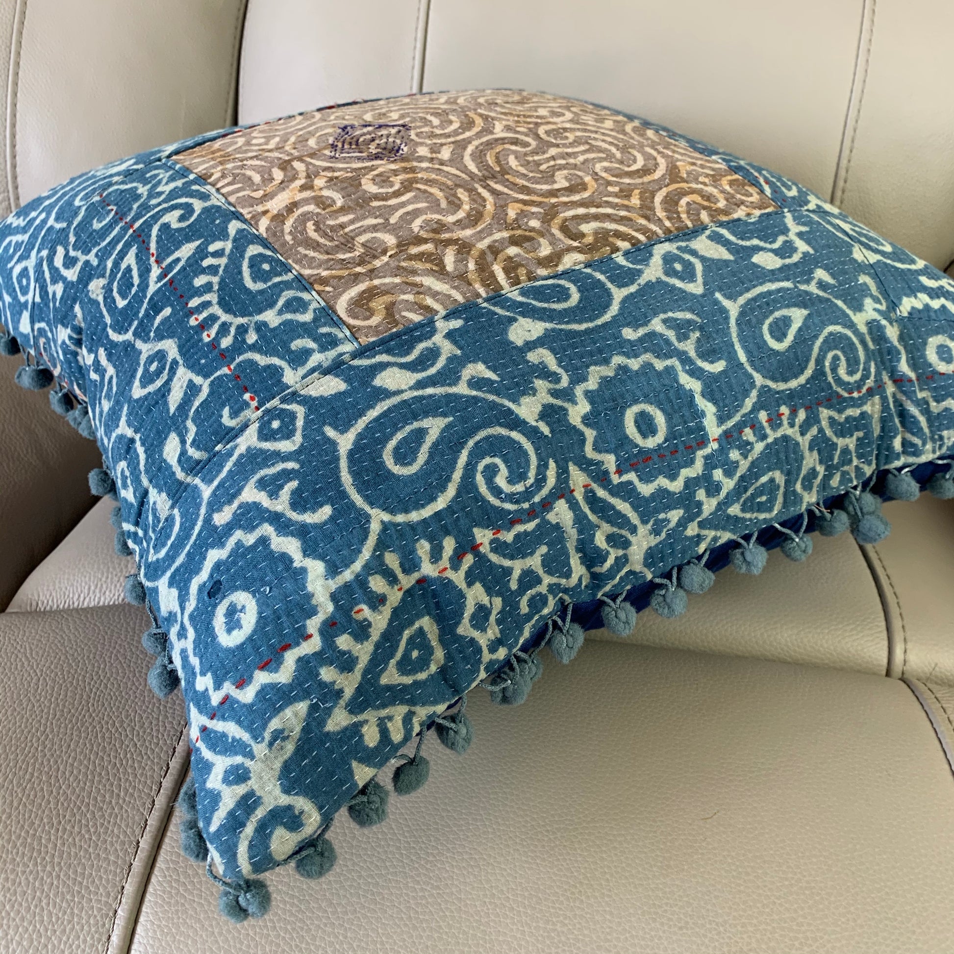 Indian Hand Made Vintage Kantha Patch Work Pomom Cushion Cover 45cm-3 - Adore India   