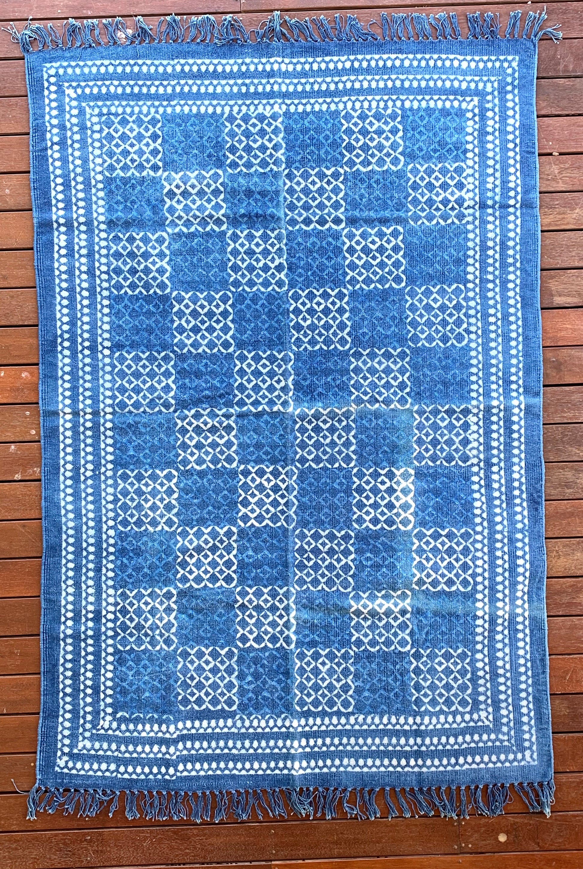 Handmade Geometrical Block Print Net Indigo Cotton Dhurrie Carpet - Adore India   