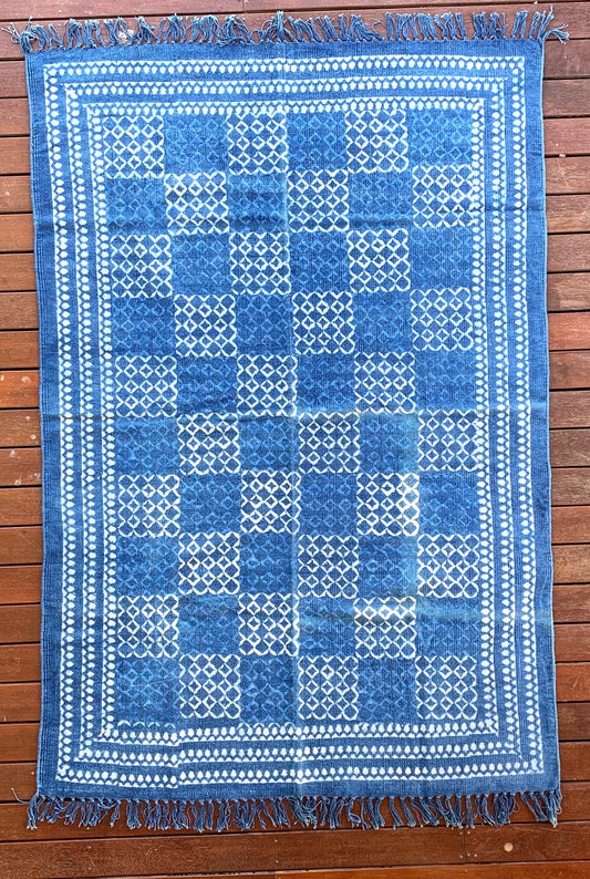 Handmade Geometrical Block Print Net Indigo Cotton Dhurrie Carpet - Adore India   