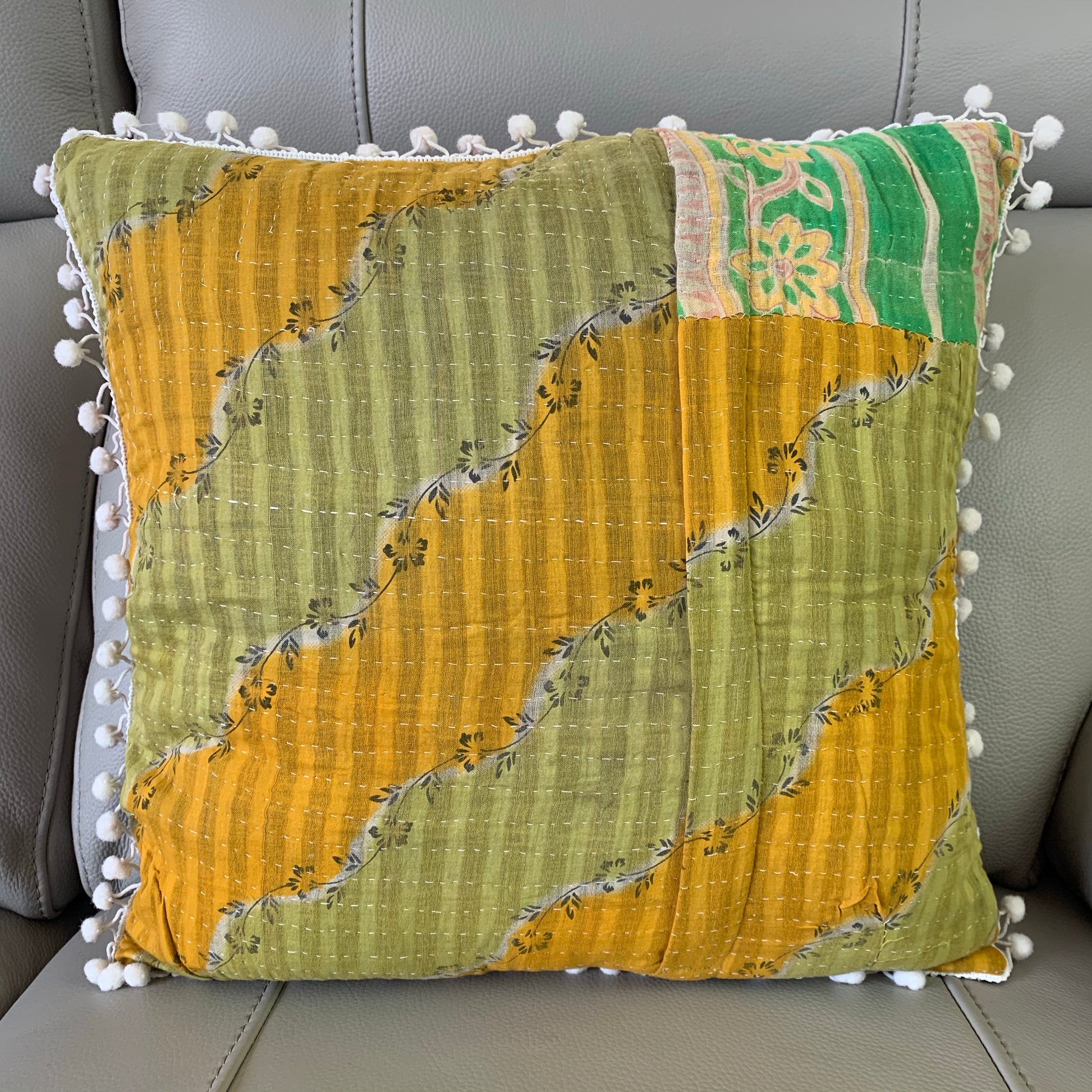Vintage Kantha Pomom Cushion Cover 7 - Adore India   