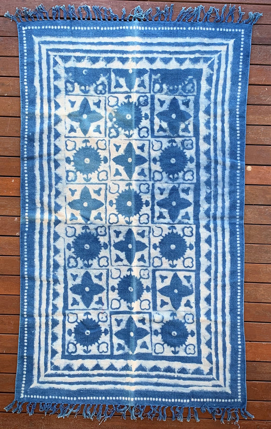 Handmade Geometrical Block Star Print Indigo Cotton Dhurrie Carpet - Adore India   