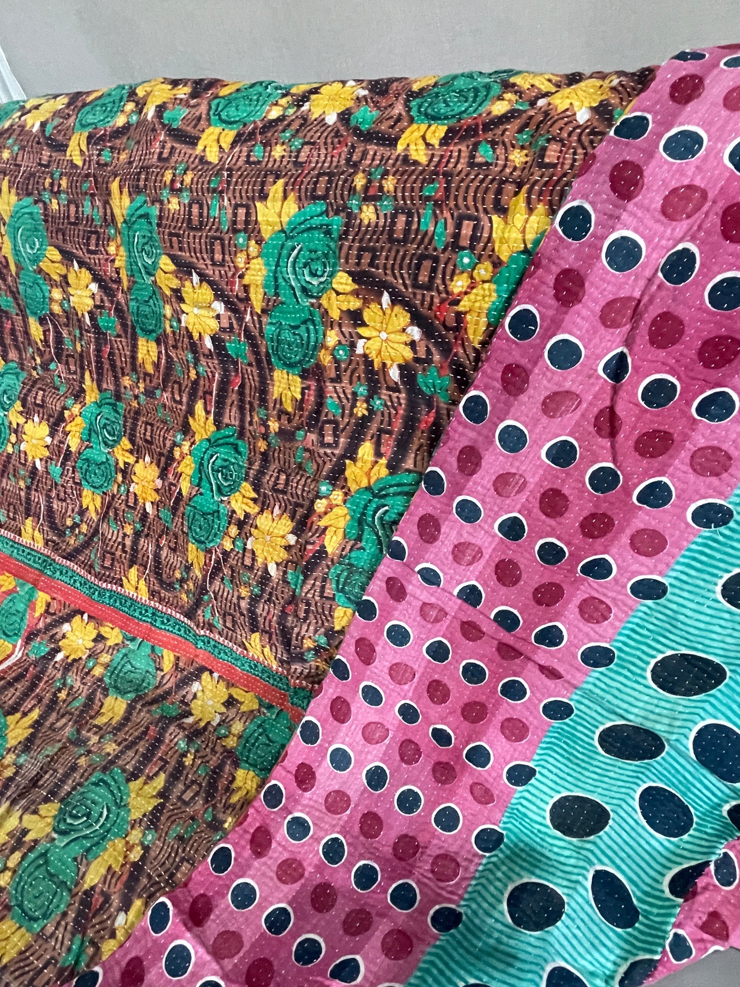 Indian Handmade Cotton Reversible Vintage Kantha Quilt Bedspread Throw Aashima - Adore India   