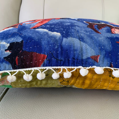 Vintage Kantha Pomom Cushion Cover 7 - Adore India   