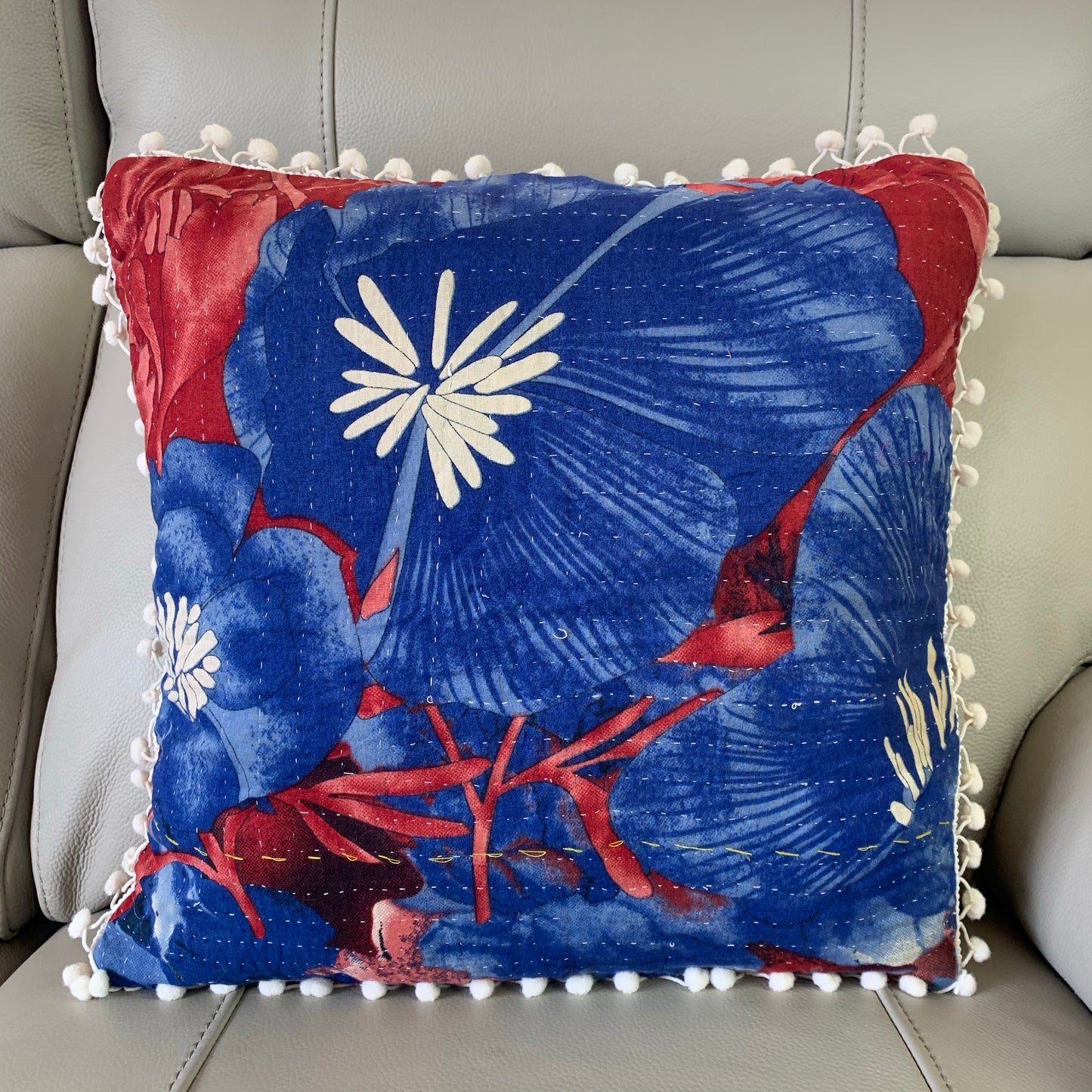 Vintage Kantha Pomom Cushion Cover 5 - Adore India   