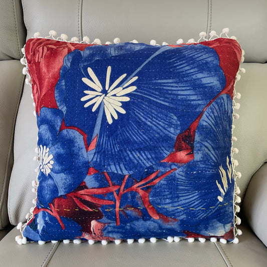 Vintage Kantha Pomom Cushion Cover 5 - Adore India   
