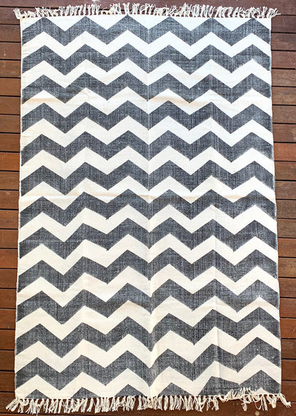 Handmade Zigzag B&W Block Print Cotton Dhurrie Carpet - Adore India   