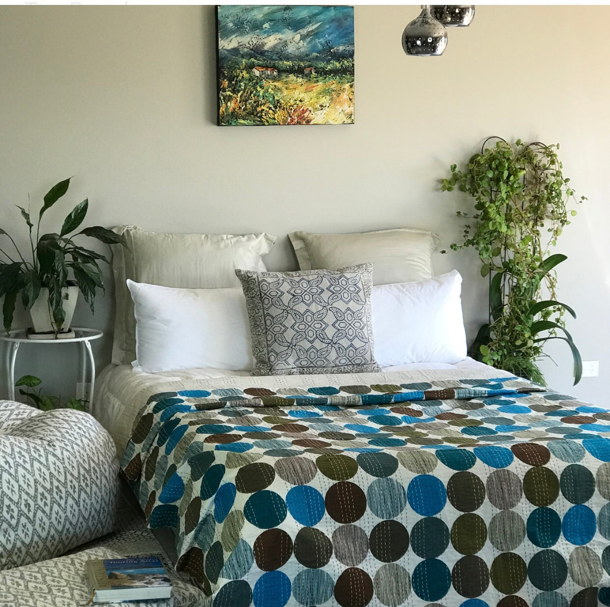 Handmade Blue Polka Dot Cotton Reversible Kantha Quilt Bedspread Throw - Adore India   