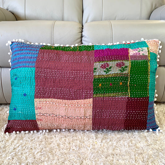 Silk Vintage Kantha Pompom Pillow Cover 7 - Adore India   