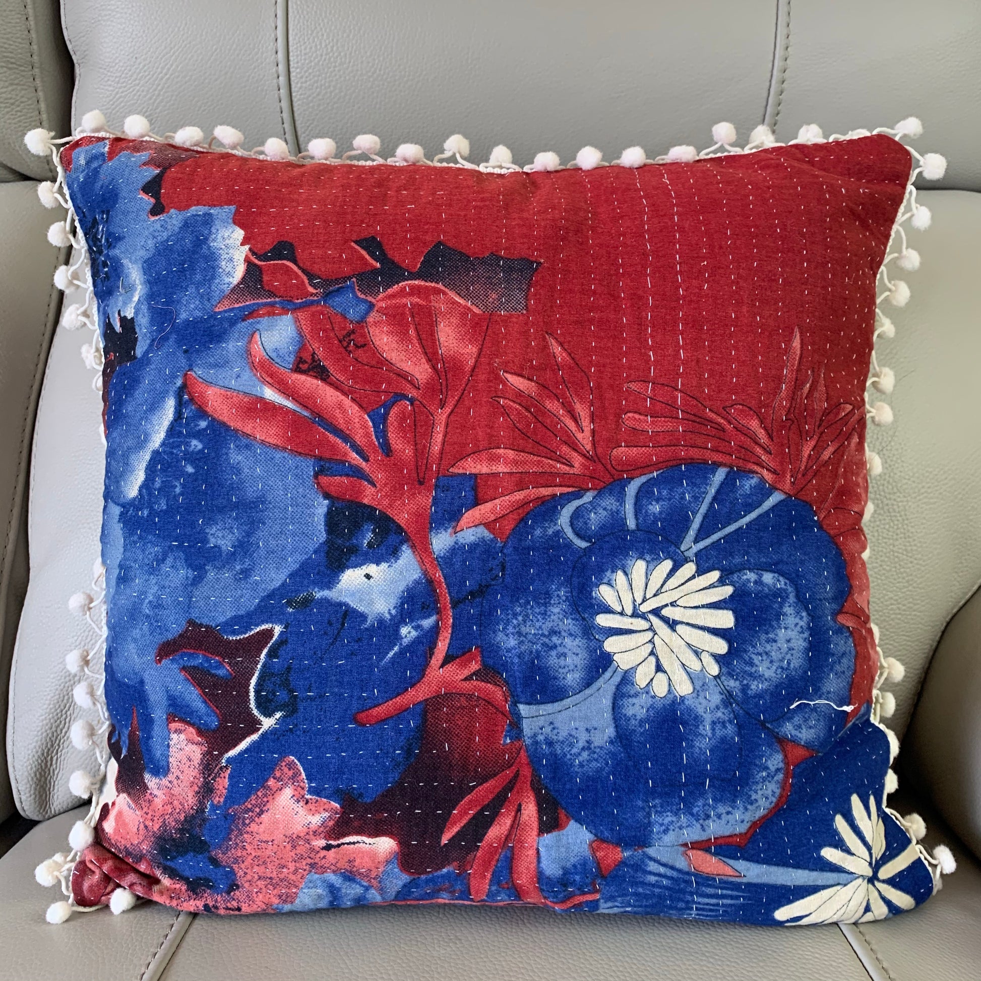 Vintage Kantha Pomom Cushion Cover 7 - Adore India   