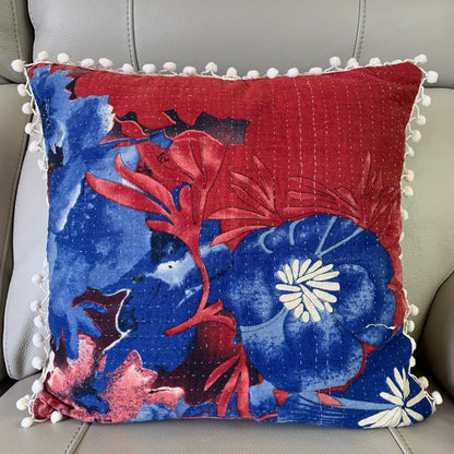 Vintage Kantha Pomom Cushion Cover 7 - Adore India   