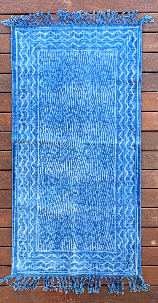 Handmade Stripe Block Print Indigo Cotton Dhurrie Carpet Runner - Adore India   