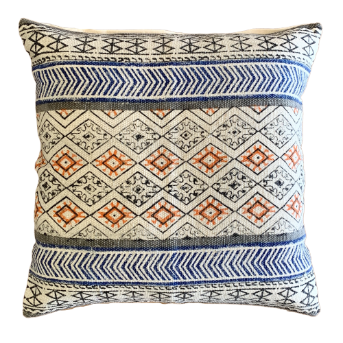 Geometrical Block Print Cotton Dari Cushion Cover Blue Org Size 65x65cm - Adore India   