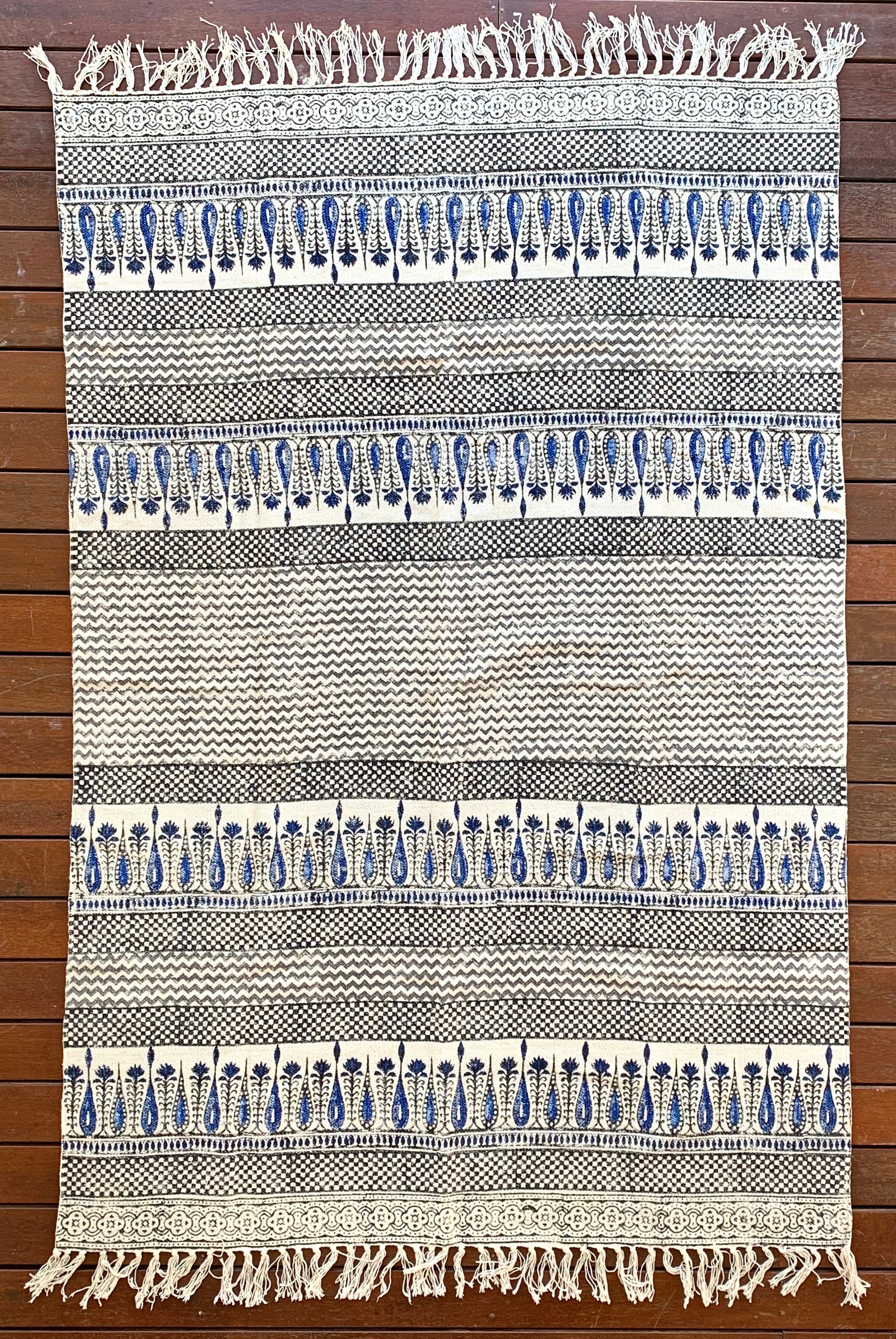 Handmade Beautiful Hand Made Tilak Indigo Block Print Cotton Dari Carpet - Adore India   