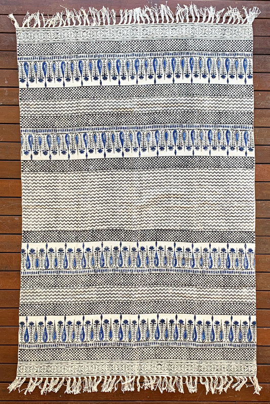Handmade Beautiful Hand Made Tilak Indigo Block Print Cotton Dari Carpet - Adore India   