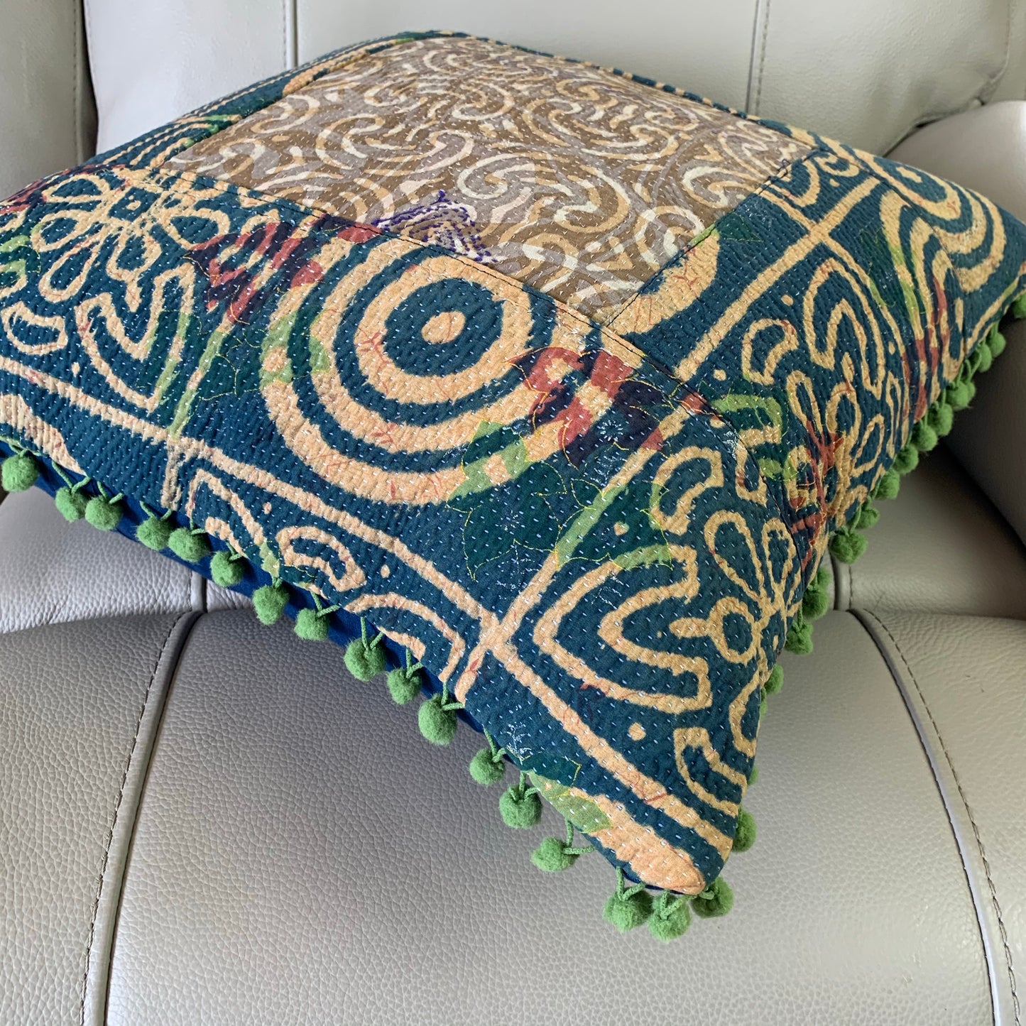 Indian Hand Made Vintage Kantha Patch Work Pomom Cushion Cover 45cm-B4 - Adore India   
