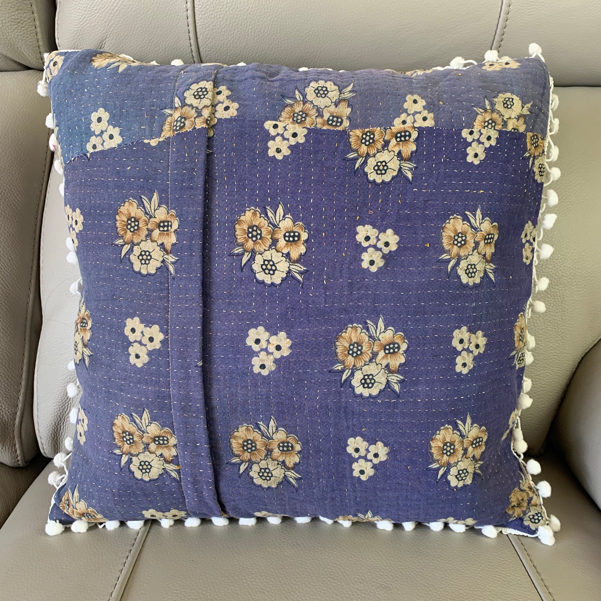 Vintage Kantha Pomom Cushion Cover 3 - Adore India   