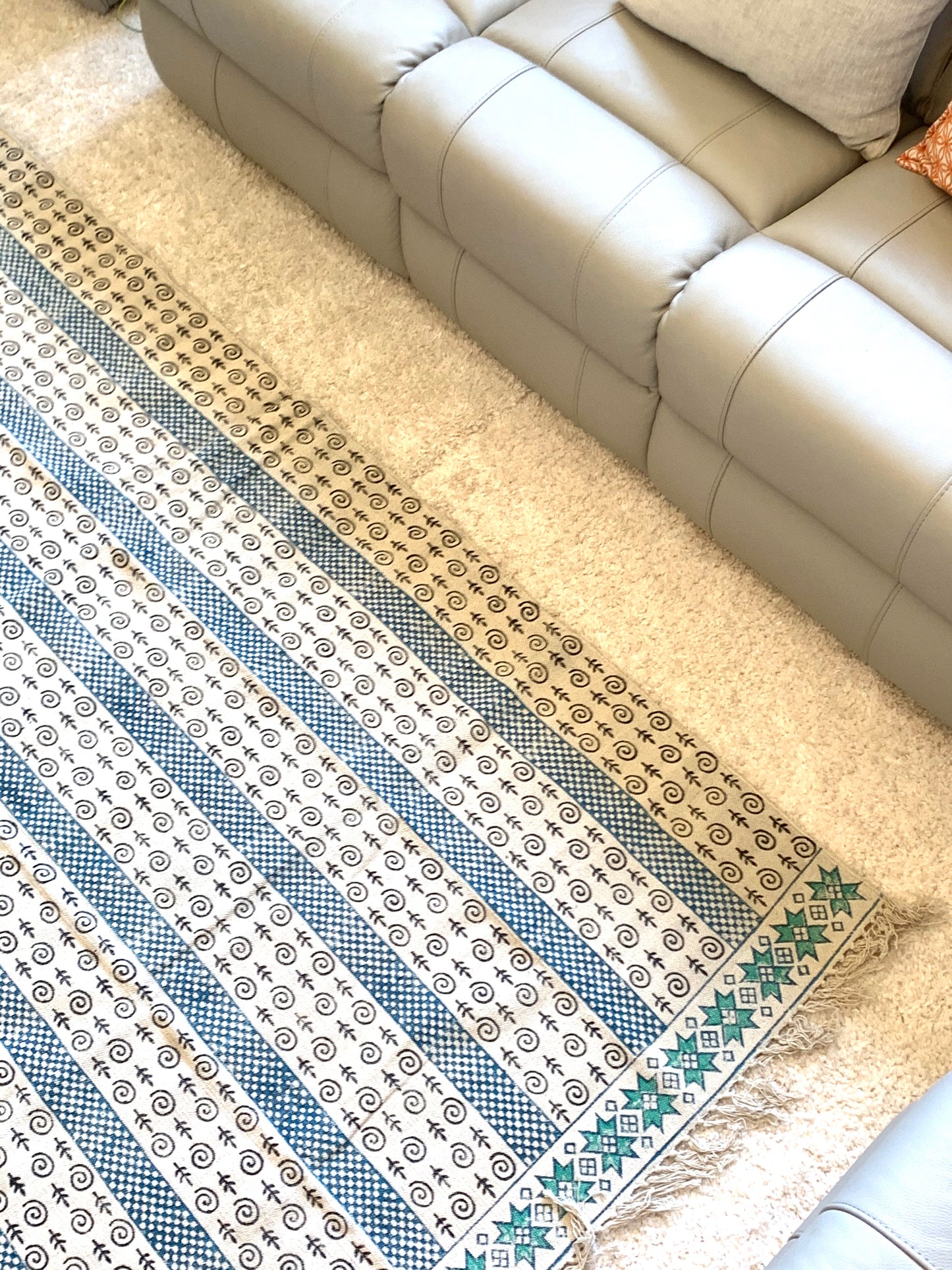 Handmade Beautiful Sarcelle Block Print Cotton Dari Carpet Serenity - Adore India   