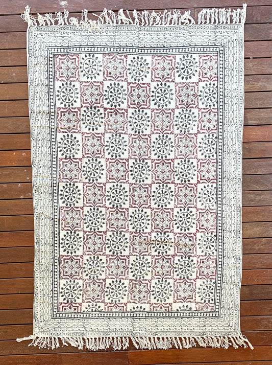 Handmade Beautiful Hand Made Shri Mandala Block Print Cotton Dari Carpet - Adore India   