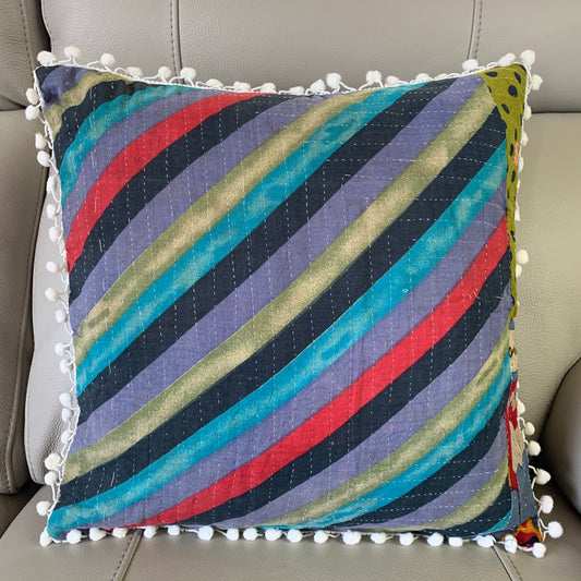 Vintage Kantha Pomom Cushion Cover 3 - Adore India   