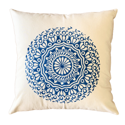 Blue Mandala Block Print Canvas Cotton Cushion Cover Pillow 2Pcs - Adore India   