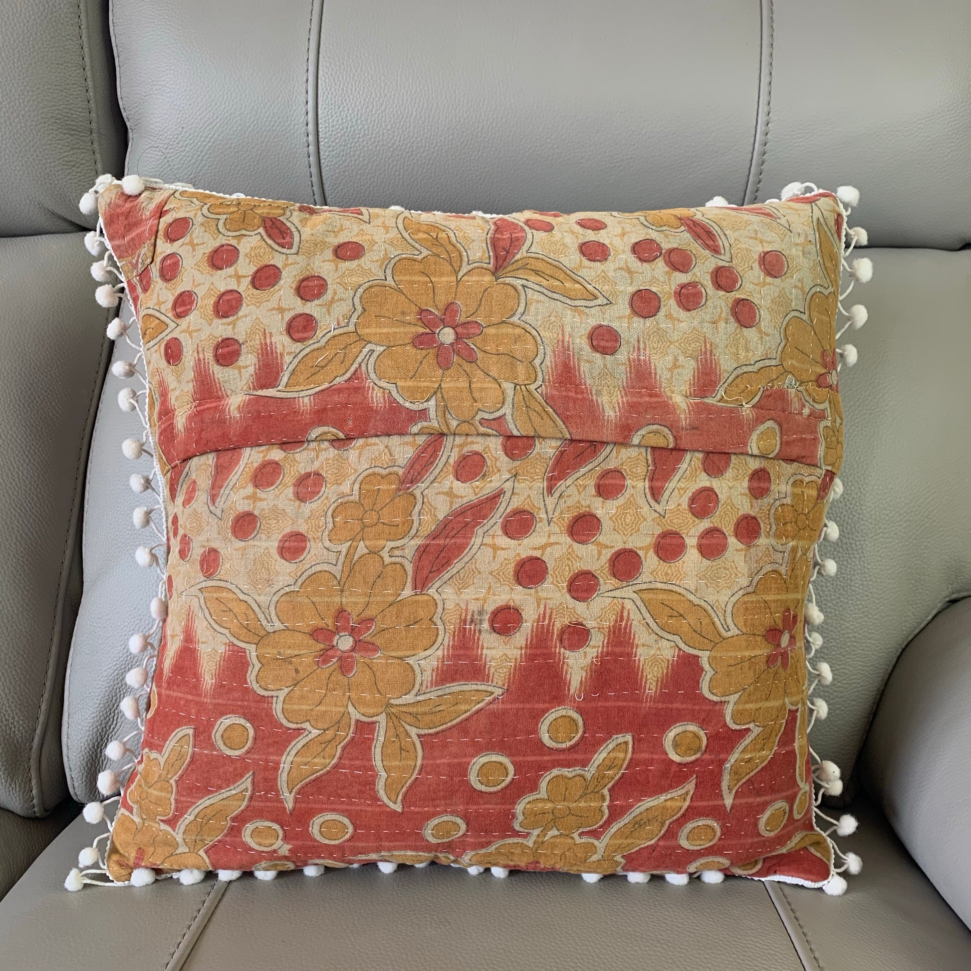 Vintage Kantha Pomom Cushion Cover 5 - Adore India   