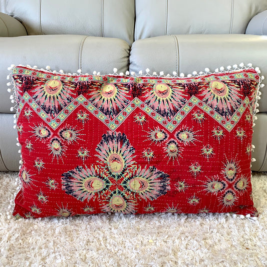 Vintage Kantha Pompom Pillow Cover 3 - Adore India   