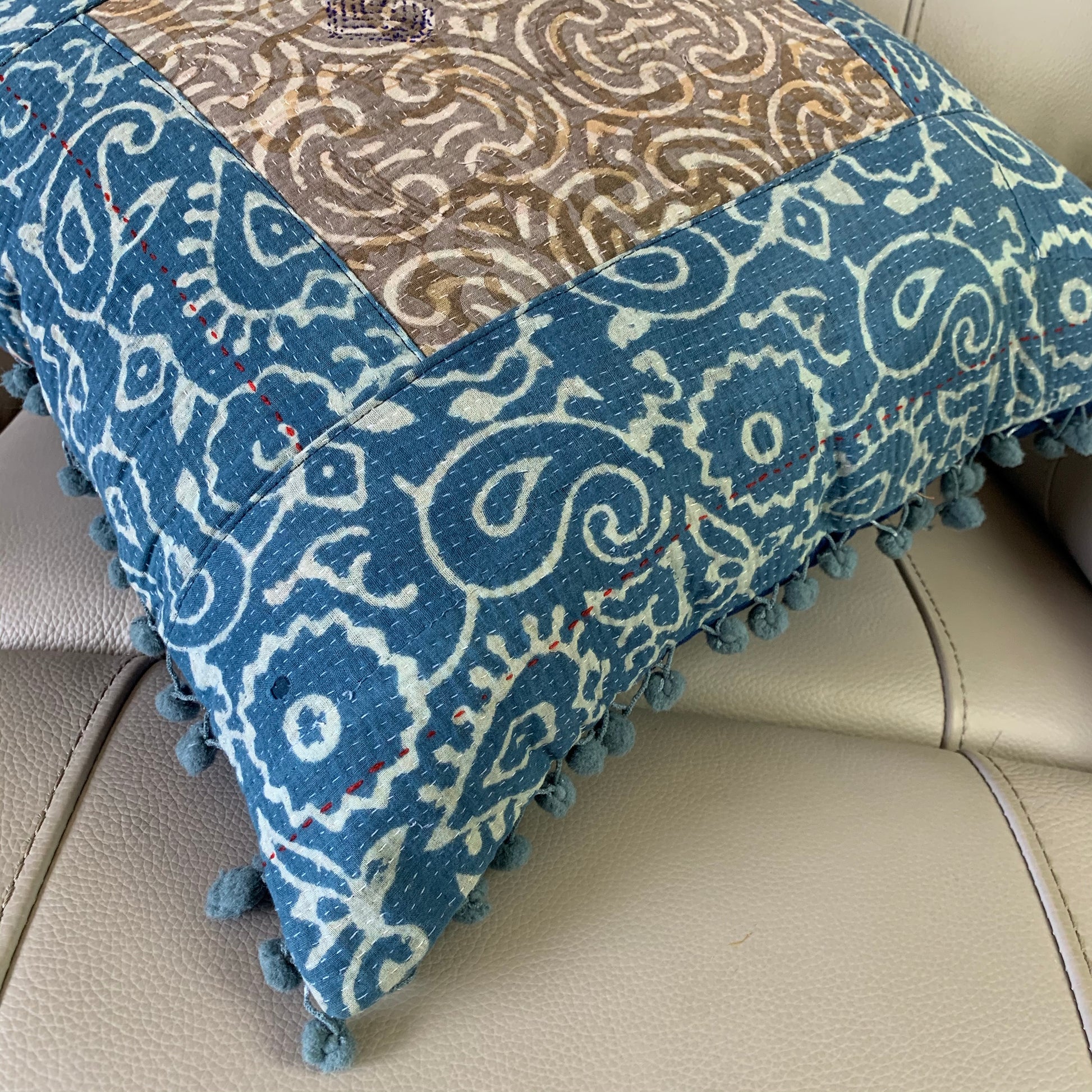 Indian Hand Made Vintage Kantha Patch Work Pomom Cushion Cover 45cm-3 - Adore India   