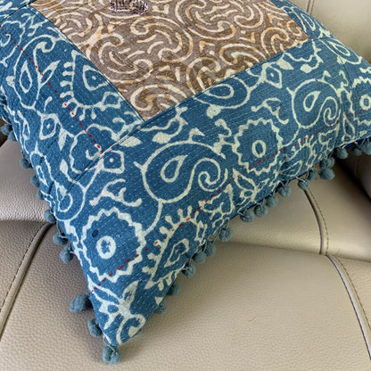 Indian Hand Made Vintage Kantha Patch Work Pomom Cushion Cover 45cm-3 - Adore India   