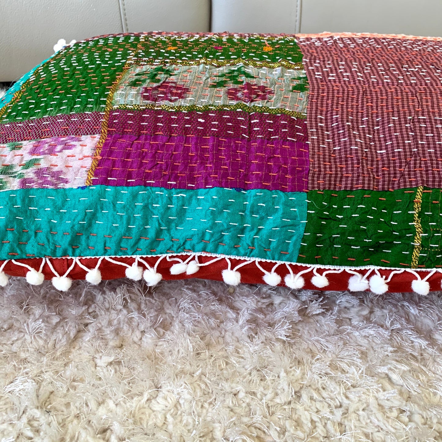 Silk Vintage Kantha Pompom Pillow Cover 7 - Adore India   