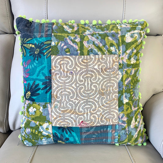 Vintage Kantha Pomom Cushion Cover 1 - Adore India   