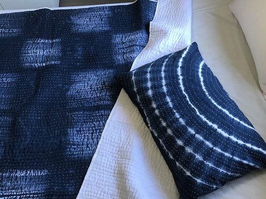 Handmade Indigo Tie dye Box Kantha Quilt - Adore India   