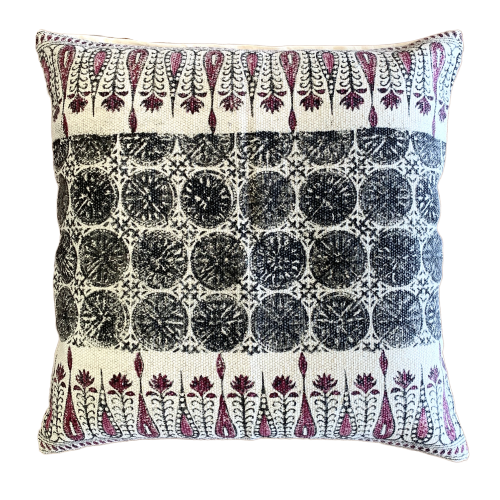 Block Print Tilak Cotton Dari Cushion Cover Burgundy Euro Size 65x65cm - Adore India   