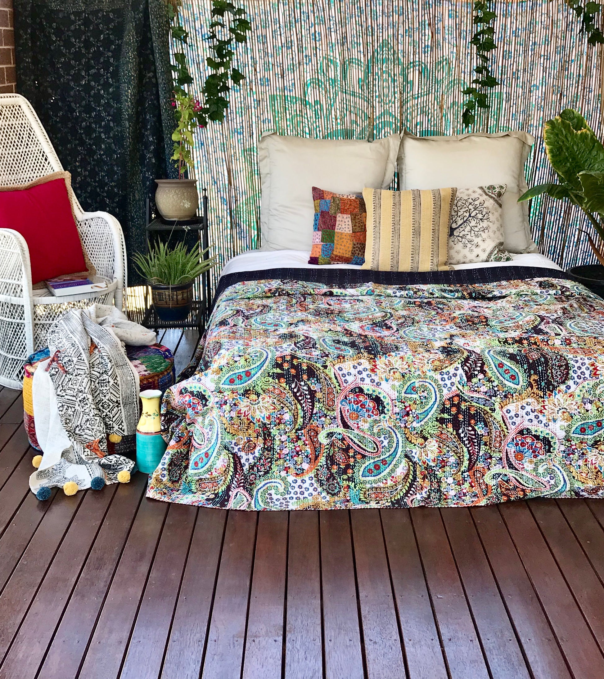 Handmade Black Paisley Print Cotton Reversible Kantha Quilt Bedspread Throw - Adore India   