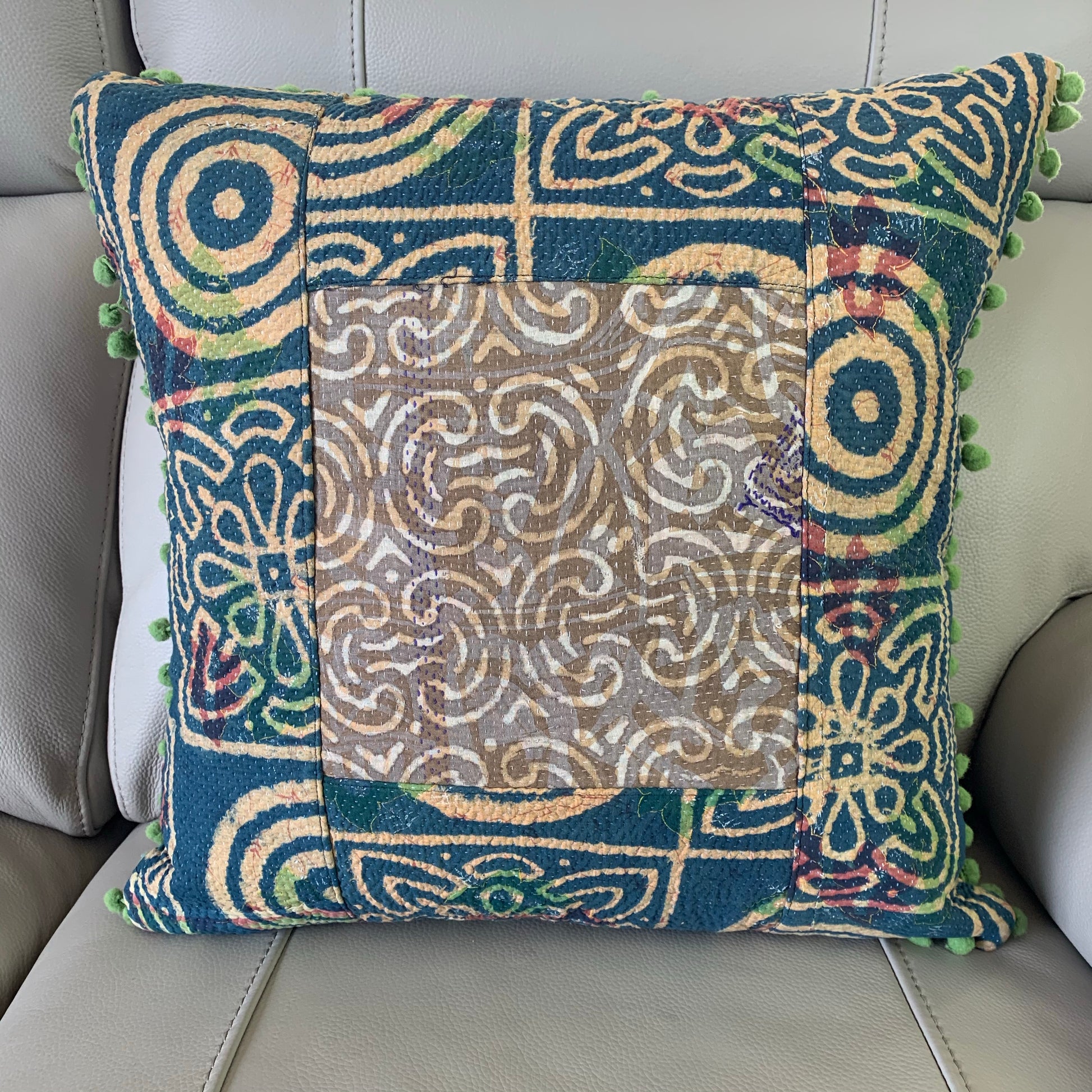 Indian Hand Made Vintage Kantha Patch Work Pomom Cushion Cover 45cm-B4 - Adore India   