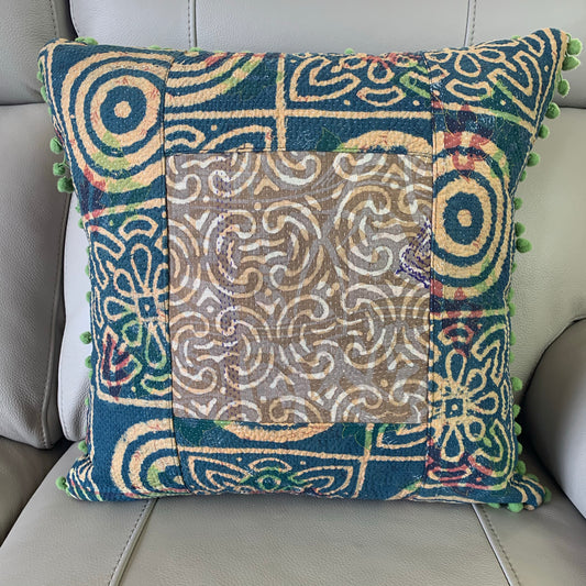 Indian Hand Made Vintage Kantha Patch Work Pomom Cushion Cover 45cm-B4 - Adore India   