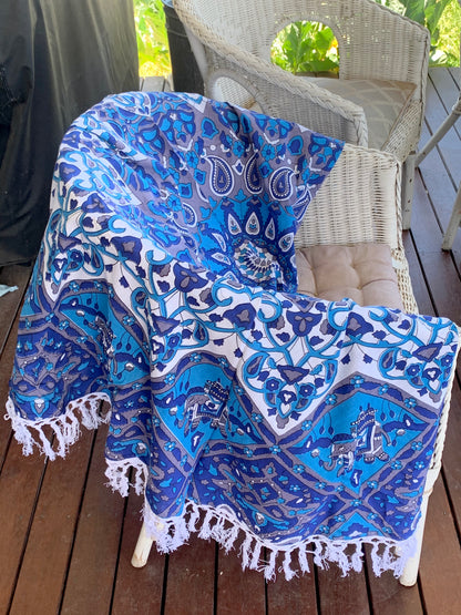 Good Luck Star Blue Mandala Beach Round Throw - Adore India   
