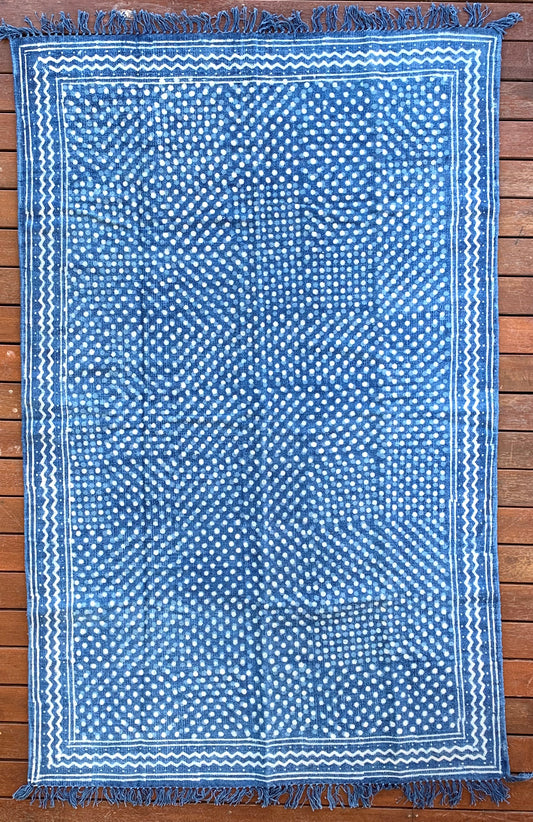 Handmade Geometrical Block Print Polka Dot Indigo Cotton Dhurrie Carpet - Adore India   