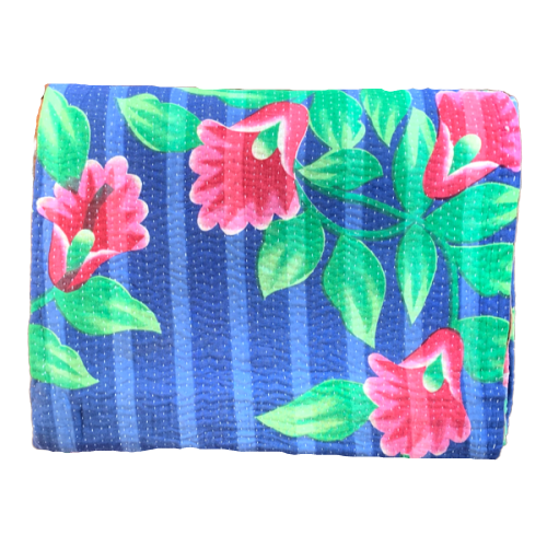 Indian Handmade Cotton Reversible Vintage Kantha Quilt Bedspread Throw- Malini - Adore India   