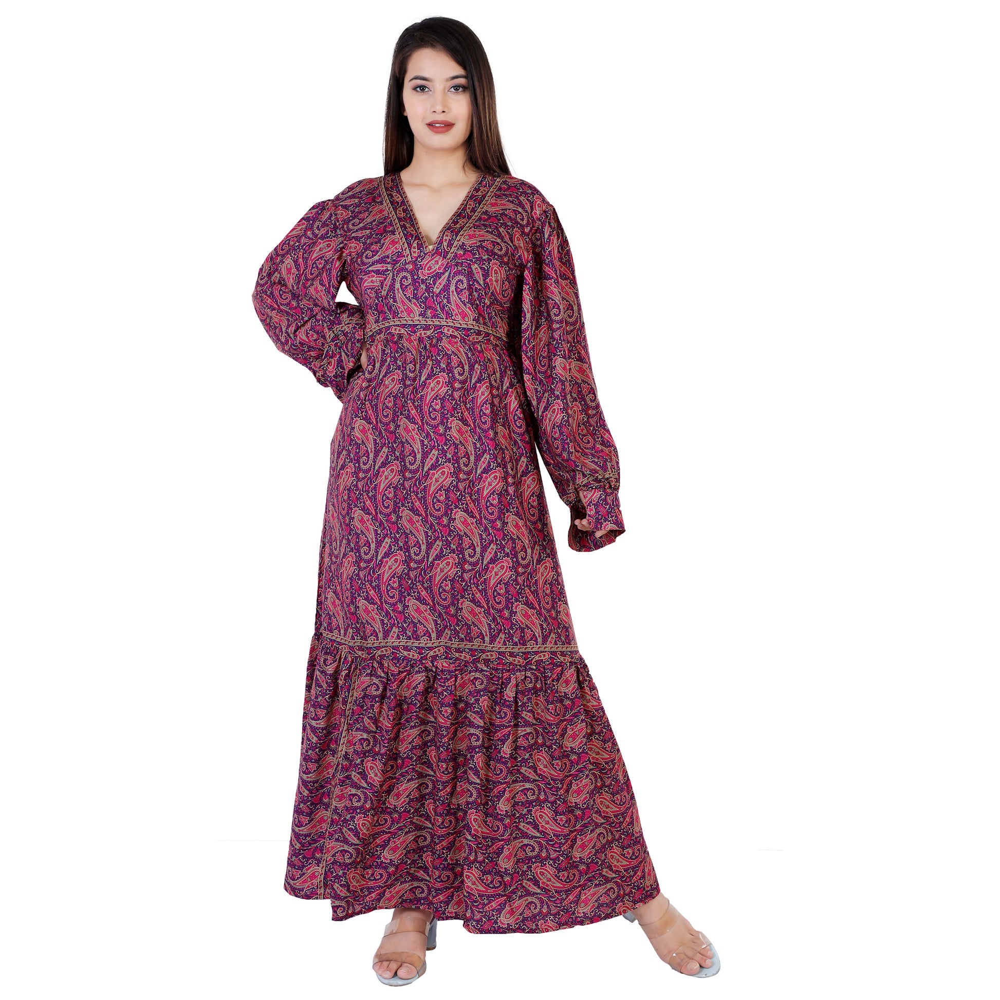 Mabel Purple Traditional Paisley Printed Bohemian Vintage Women Summer Dress - Adore India   