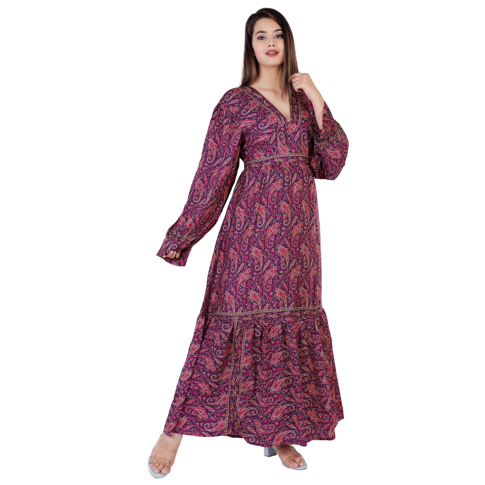 Mabel Purple Traditional Paisley Printed Bohemian Vintage Women Summer Dress - Adore India   