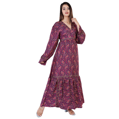 Mabel Purple Traditional Paisley Printed Bohemian Vintage Women Summer Dress - Adore India   