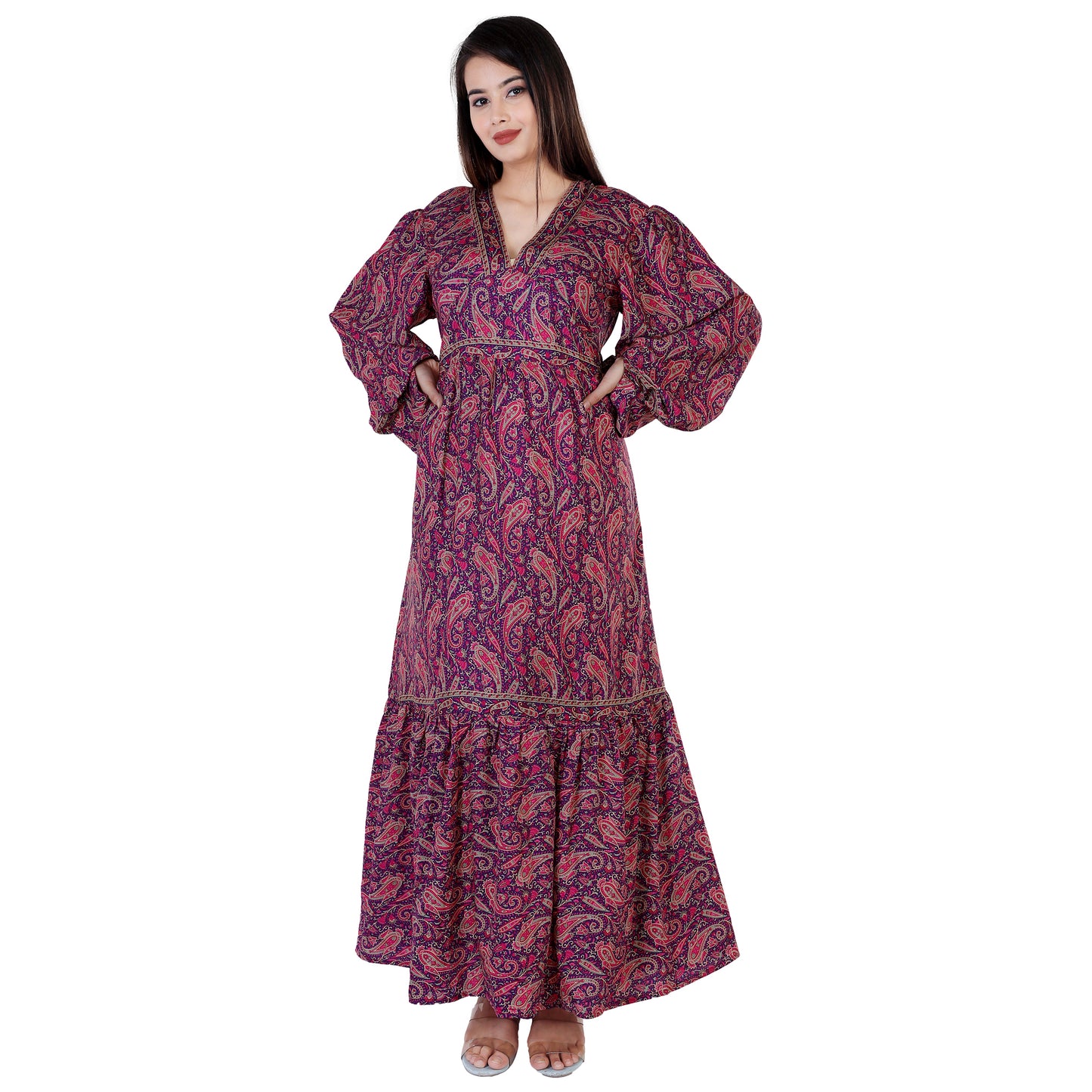Mabel Purple Traditional Paisley Printed Bohemian Vintage Women Summer Dress - Adore India   