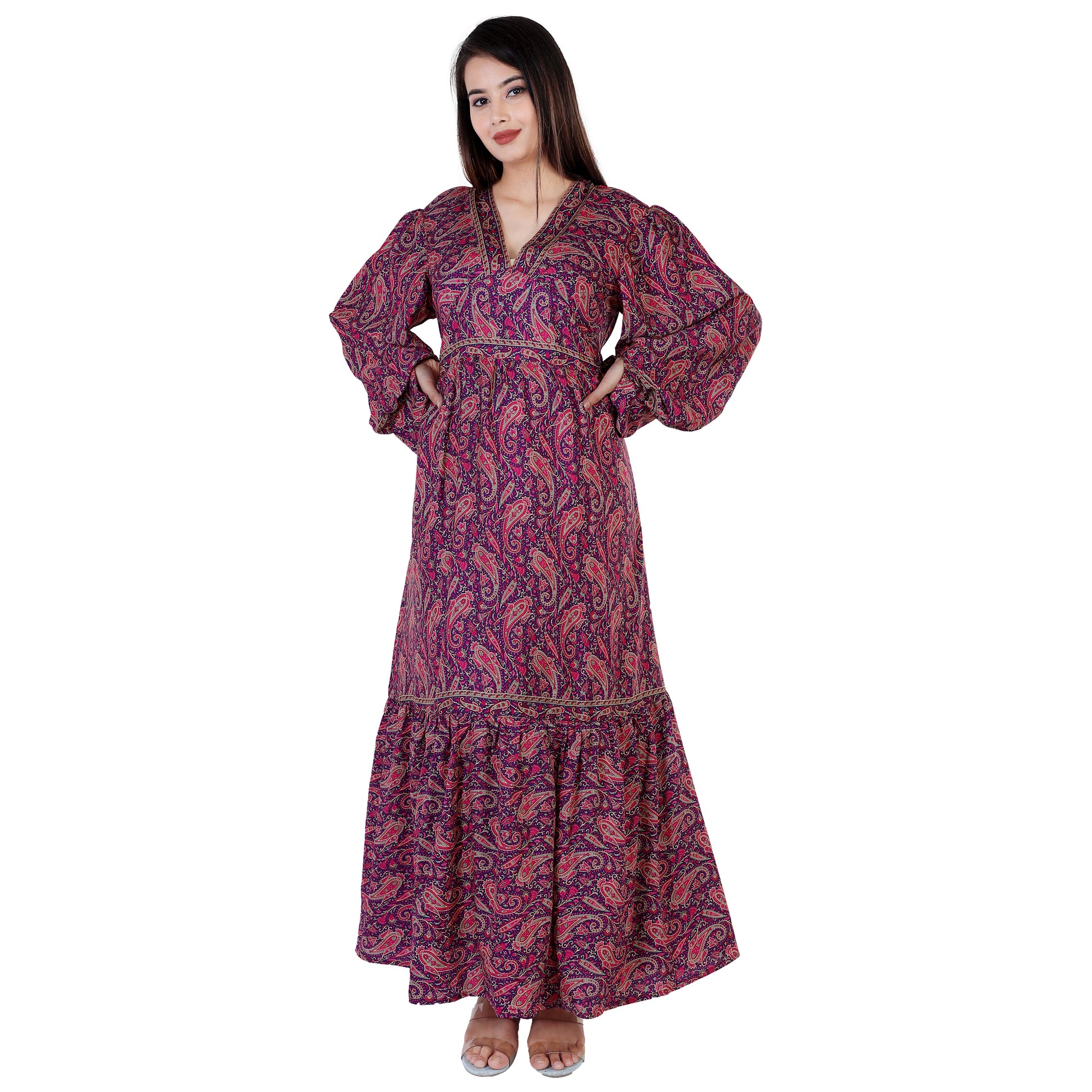 Mabel Purple Traditional Paisley Printed Bohemian Vintage Women Summer Dress - Adore India   