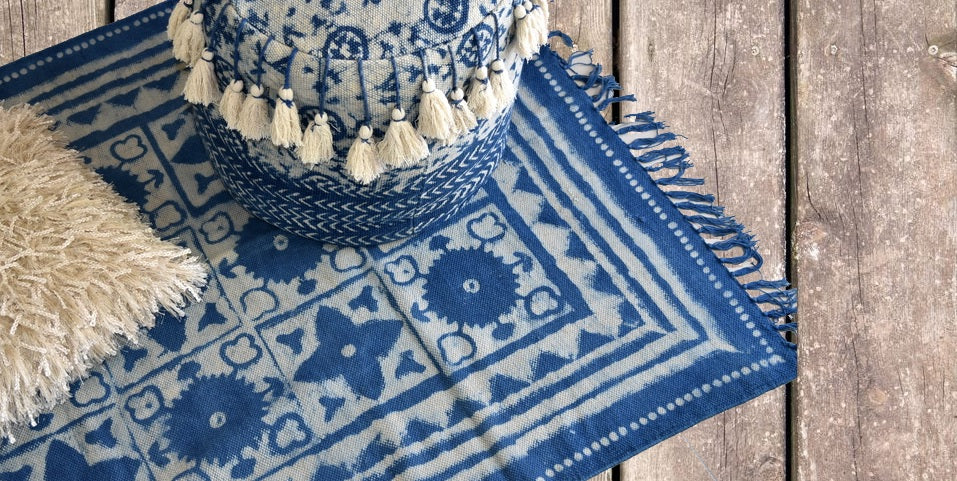 Handmade Geometrical Block Star Print Indigo Cotton Dhurrie Carpet - Adore India   