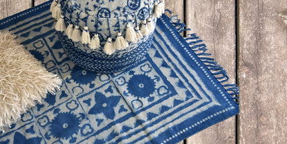 Handmade Geometrical Block Star Print Indigo Cotton Dhurrie Carpet - Adore India   